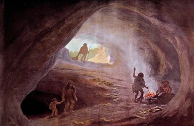 Prehistory: caverns during the glacial period. From a painting by W. Kranz, 20th century