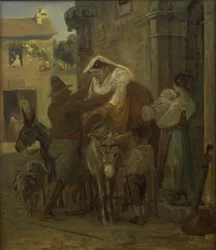 A Stout Roman Woman Being Helped onto a Donkey