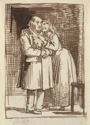 The Sly Wife. A Wife Speaks Earnestly to Her Old Husband and Has Her Arms Around His Neck