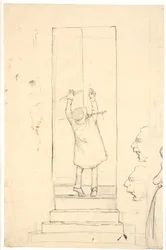 A Little Man Stands on Tiptoe to Open a Door with a Latch. Sketch of Profiles and Woman