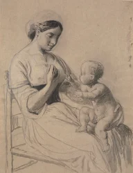 Italian woman with a naked child on her lap