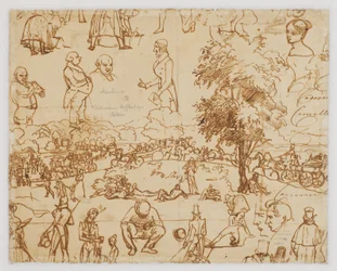 Landscape with Horse Carriages and Numerous Figure Sketches