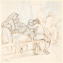 Easter scene, in the foreground a seated couple kissing