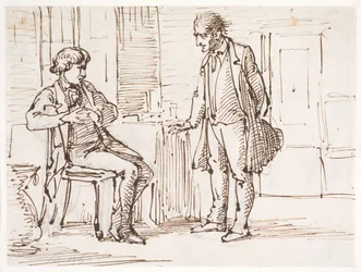 Conversation Between a Seated Younger Man and a Standing Older Man