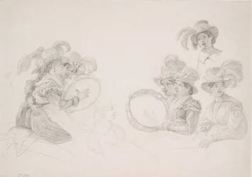 Roman Women Playing Tambourines with High Feathered Hats