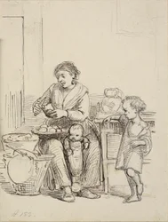 Two Children and a Woman Peel Potatoes
