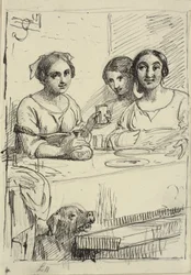 Three Girls at a Table, with a Dog Under the Table