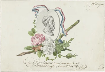 Vignette with Flowers, Portrait Medallion, and Ribbon