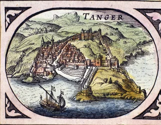 View of the fortified city of Tangier and the coast, Morocco. Map from the Dutch Atlas by W. G. Blaeu, Amsterdam