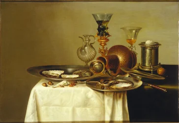 Still life with a roemer on a gilt stand, stoneware and oysters