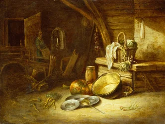 A Kitchen with Vegetables in a Wicker Basket, Pewter Plates and a Pumpkin