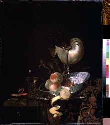 Still Life with a Mother-of-Pearl Goblet. Peaches, Lemon with Peel and Glass of Wine