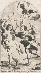 Daphne fleeing from Apollo, with Cupid overhead