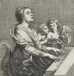 Saint Cecilia playing the organ with two putti at right, ca. 1631.