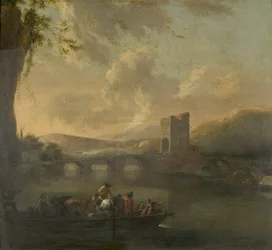 A Ferry Boat Crossing a River