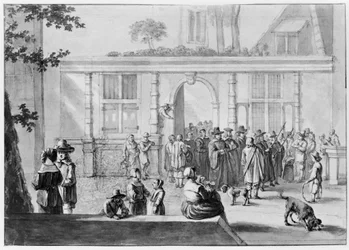 Square with a gate in the background, through which a procession passes. Several figures at a railing in the left foreground