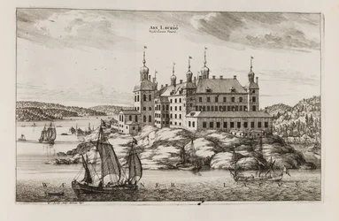 Läckö Castle from the side of Lake Vänern. From "Suecia antiqua et hodierna"