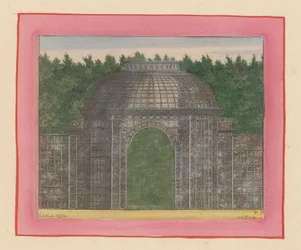 Latticework arbor with a gate in the middle before a hedge in the gardens of Versailles