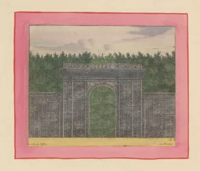Rectangular arbour of latticework with a gate in the middle before a hedge in the gardens of Versailles
