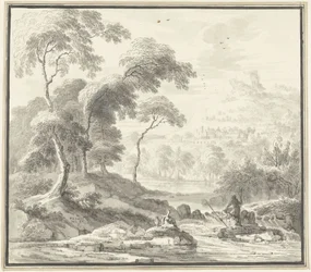 Idyllic Hill Landscape with Women by a Stream