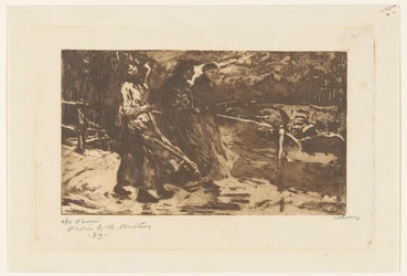 Three Women on a Bridge in Rain and Wind