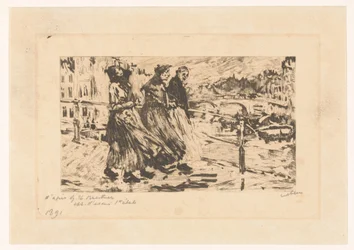 Three Women on a Bridge in Wind and Rain
