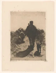 Shepherd with Dog Behind His Flock