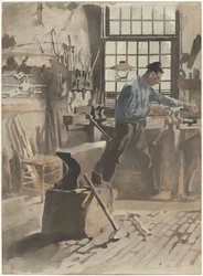 Blacksmith at Work in His Forge