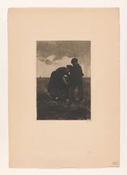 Woman and Boy in Clogs with a Burlap Sack in the Field