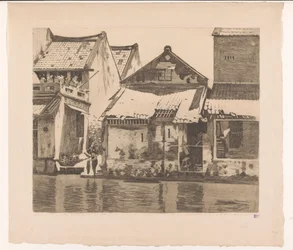 Houses along a River in Batavia with a Woman Washing Clothes