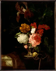 A Rose, an Iris, Lilac and other Flowers in an Auricular Silver Vase with a Snail and a Butterfly on a Draped Ledge