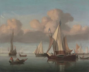 A Kaag at Anchor with Sails Hoisted and a State Yacht and Other Vessels