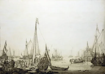 A variety of ships in a crowded port, historically associated with the voyage of Charles II of England to The Hague (Holland) in 1660