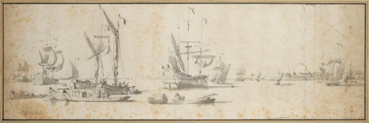 Two doggers and a ship at anchor in a harbor