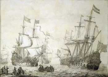 Two merchant ships of the Dutch East India Company, leaving the shore in calm winds
