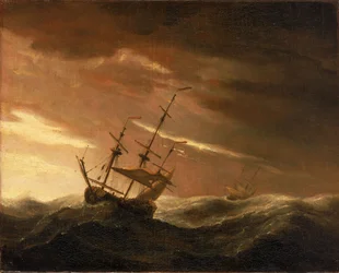 An English ship lying-to in a gale, late 17th century