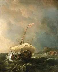 British Ship in a Stormy Wind, Trying to Escape from the Rocky Shore