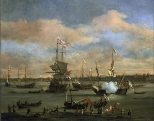 British trading ship in a port in the Mediterranean Sea