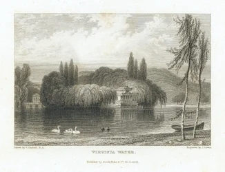 Virginia Water, Lake Surrey (England), Near Windsor, View of the Chinese Pavilion Surrounded by Trees on an Island in the Center of the Lake. Engraving by J. Lewis after William Daniell (1769-1837).