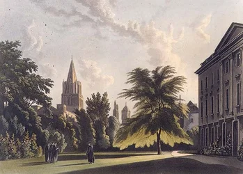 Exterior of Corpus Christi College and Christ Church Cathedral, illustration from the 