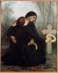 The Day of the Dead: A Mother and Daughter in Front of the Grave of the Deceased Father and Husband