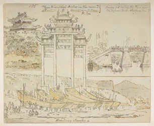 Junks being built near a triumphal arch. These triumphal arches are the reward of Merit or of Meritorious Actions. Bridge of 3 arches. The Piers are too pyramidal. Suchew [Soochow], from an Album of 372 drawings of landscapes, coastlines, costumes and ever