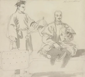 Two Chinese Figures: A Seller of Hats and a Man Sitting Cross-Legged, Smoking a Pipe