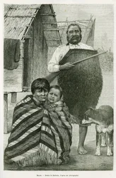 Three generations of Maori. Engraving by Barbotin, to illustrate the story Voyage a la Nouvelle Zelande, in 1889, by G.Verschuur, in le tour du monde 1890, directed by Edouard Charton (1807-1890), Hachette, Paris.