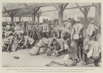 Troops for South Africa, 7th Detachment Royal Engineers, from Dublin, at Southampton Docks Shed Alongside the Braemar Castle