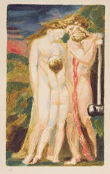 A nude woman looking down at a half-grown boy, plate 18 from The First Book of Urizen