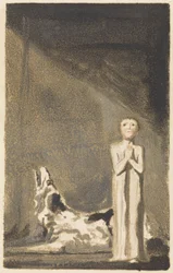 The First Book of Urizen, plate 24, A boy in a long dress, standing with clasped hands to the right of a dog