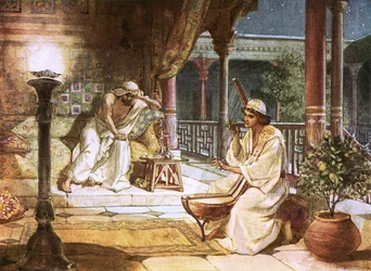 David playing on the harp before Saul