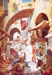 Jesus healing a woman in the crowd while on the way to the house of Jairus