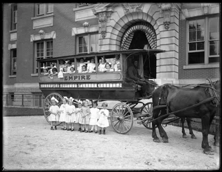 Small Girls Pose in and in Front of a Horse-Drawn Wagon, in Front of an Unidentified Building, Probably the Roman Catholic Orphan Asylum, Kingsbridge, Bronx